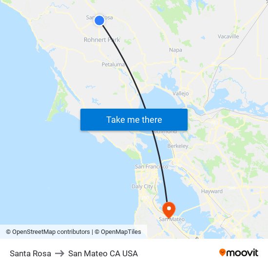 Santa Rosa to San Mateo CA USA map