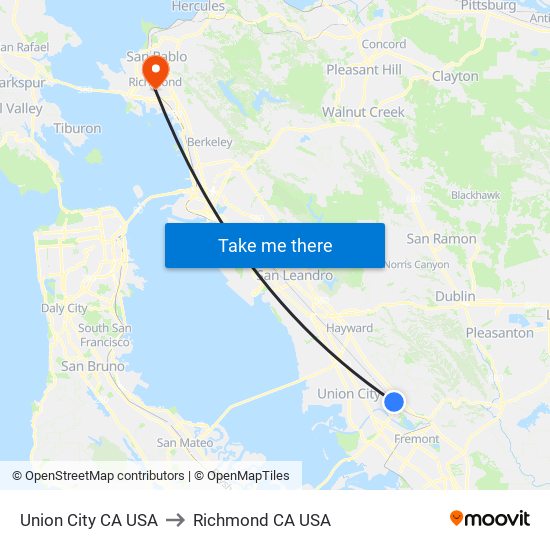 Union City CA USA to Richmond CA USA map