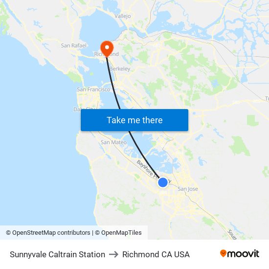 Sunnyvale Caltrain Station to Richmond CA USA map