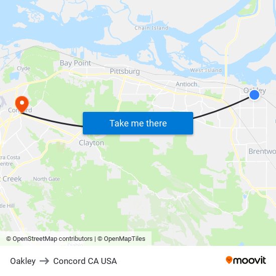 Oakley to Concord CA USA map