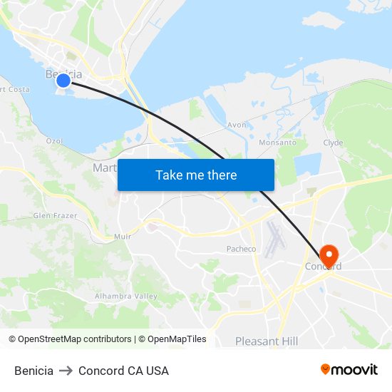 Benicia to Concord CA USA map
