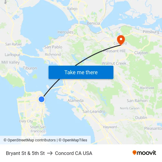 Bryant St & 5th St to Concord CA USA map