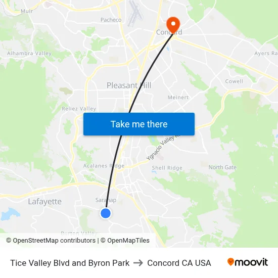 Tice Valley Blvd and Byron Park to Concord CA USA map