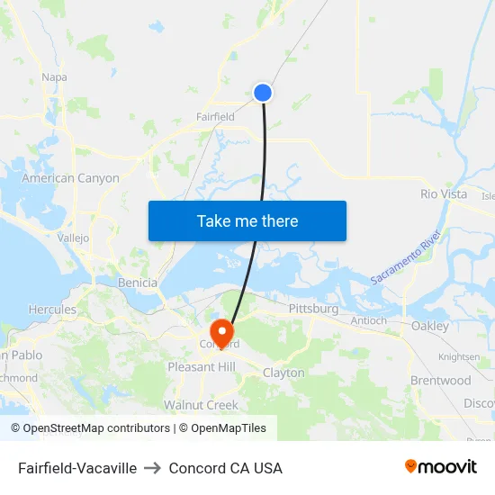 Fairfield-Vacaville to Concord CA USA map
