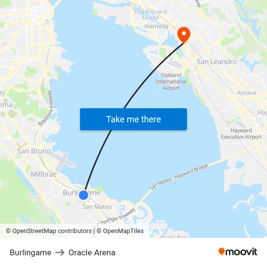 Burlingame to Oracle Arena map