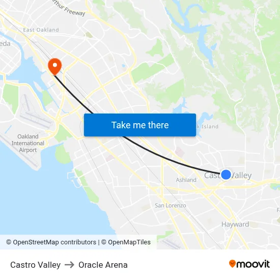 Castro Valley to Oracle Arena map