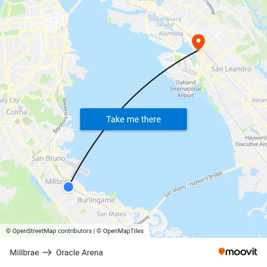 Millbrae to Oracle Arena map