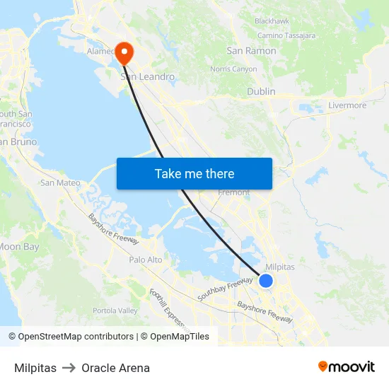 Milpitas to Oracle Arena map