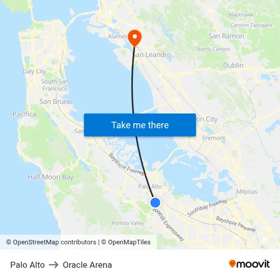 Palo Alto to Oracle Arena map