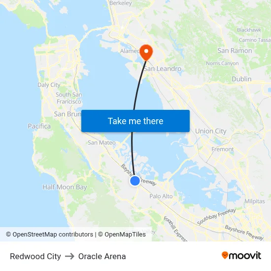 Redwood City to Oracle Arena map