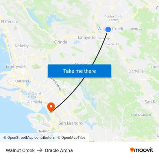 Walnut Creek to Oracle Arena map