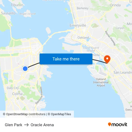 Glen Park to Oracle Arena map