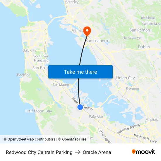 Redwood City Caltrain Parking to Oracle Arena map