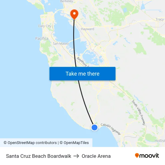 Santa Cruz Beach Boardwalk to Oracle Arena map
