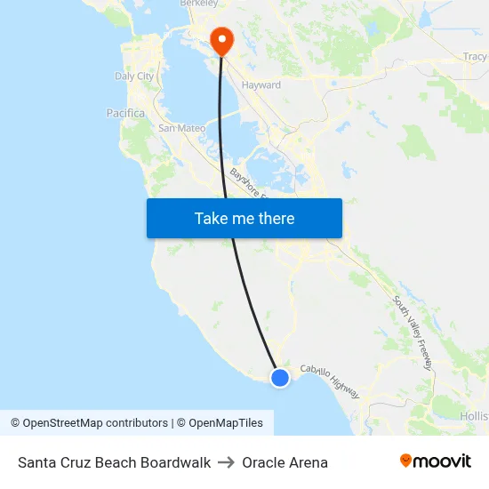 Santa Cruz Beach Boardwalk to Oracle Arena map