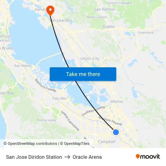San Jose Diridon Station to Oracle Arena map