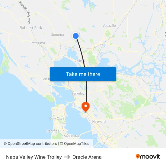Napa Valley Wine Trolley to Oracle Arena map