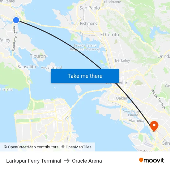 Larkspur Ferry Terminal to Oracle Arena map