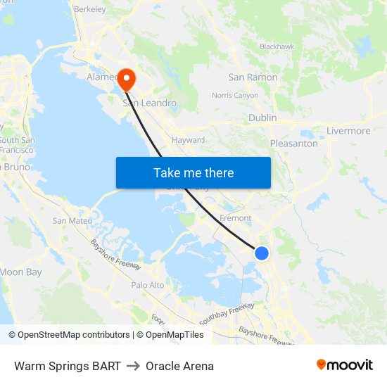 Warm Springs BART to Oracle Arena map