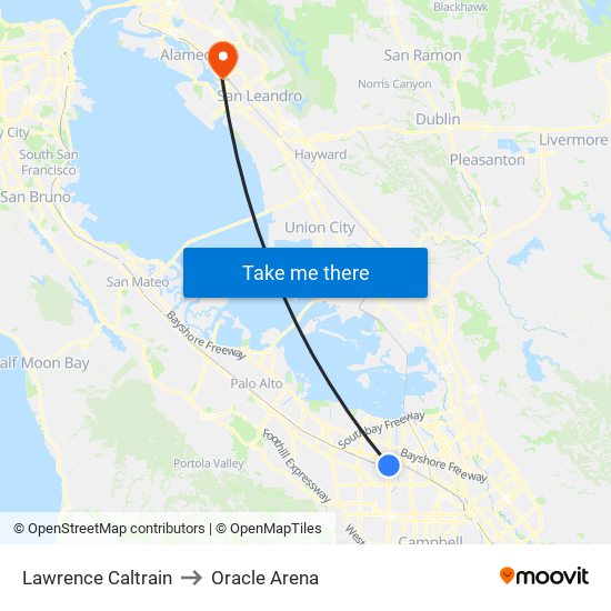 Lawrence Caltrain to Oracle Arena map
