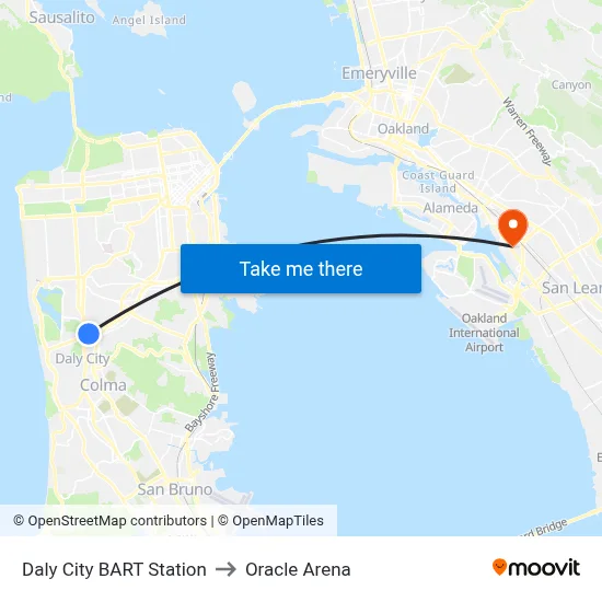 Daly City BART Station to Oracle Arena map