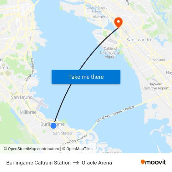 Burlingame Caltrain Station to Oracle Arena map