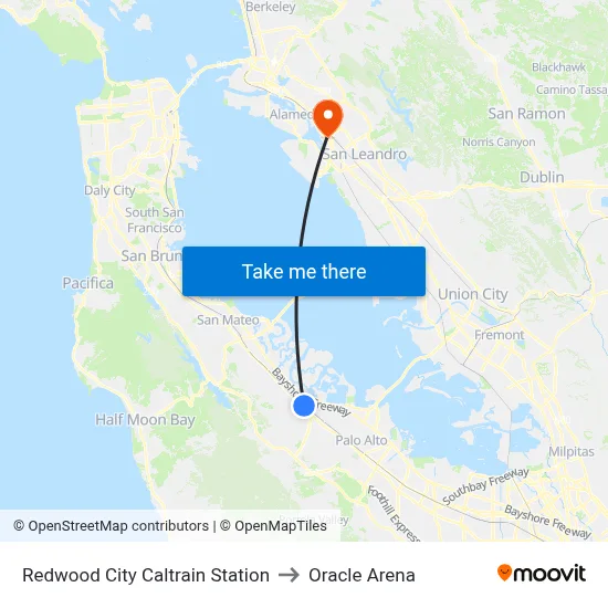 Redwood City Caltrain Station to Oracle Arena map