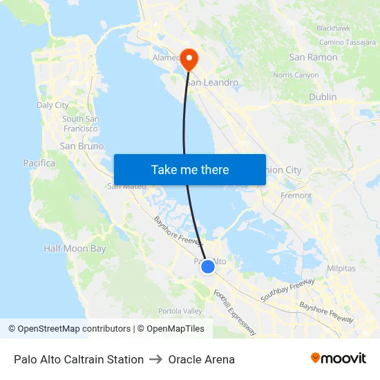 Palo Alto Caltrain Station to Oracle Arena map