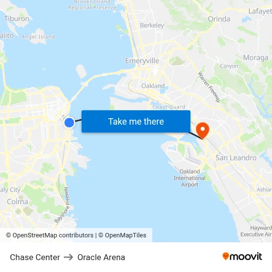 Chase Center to Oracle Arena map