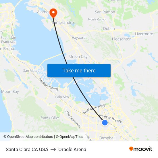 Santa Clara CA USA to Oracle Arena map