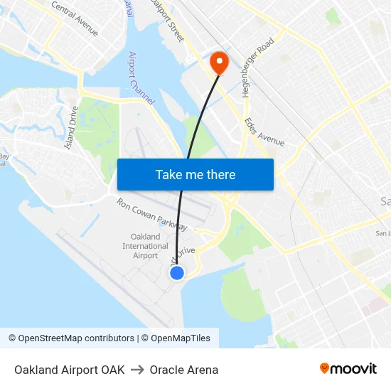 Oakland Airport OAK to Oracle Arena map