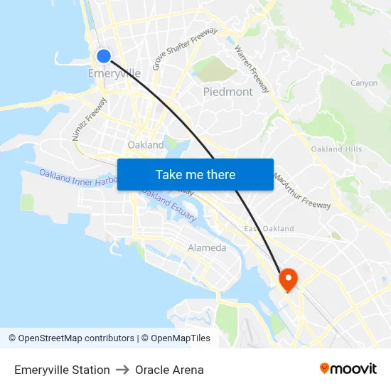 Emeryville Station to Oracle Arena map
