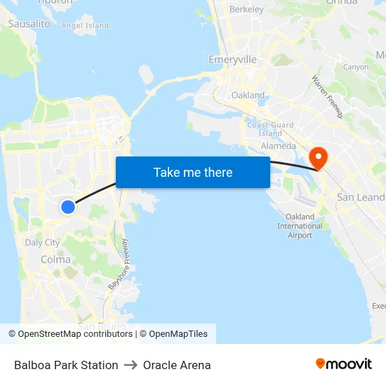 Balboa Park Station to Oracle Arena map