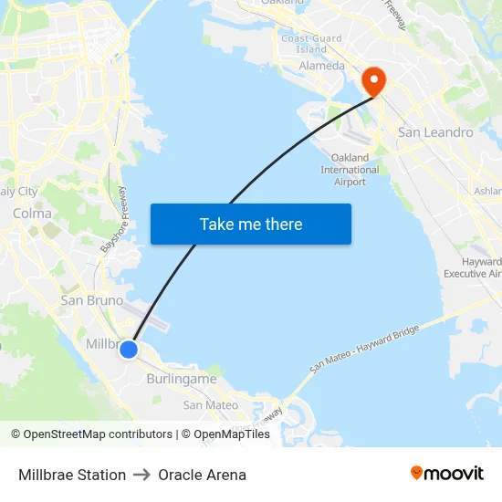 Millbrae Station to Oracle Arena map