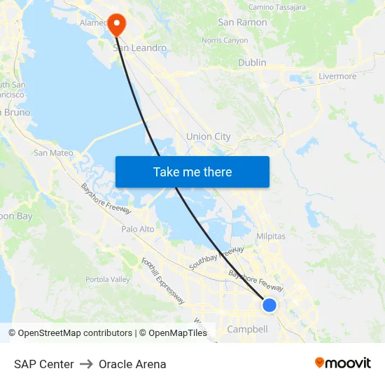 SAP Center to Oracle Arena map
