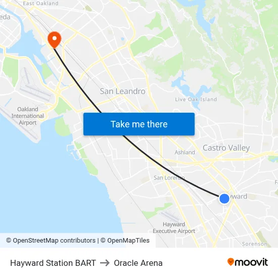 Hayward Station BART to Oracle Arena map