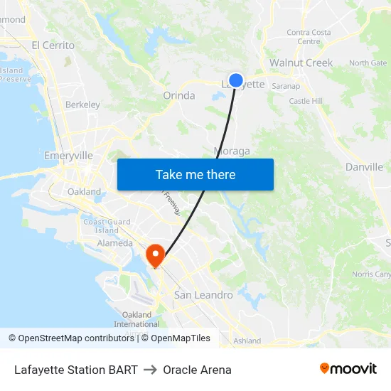 Lafayette Station BART to Oracle Arena map