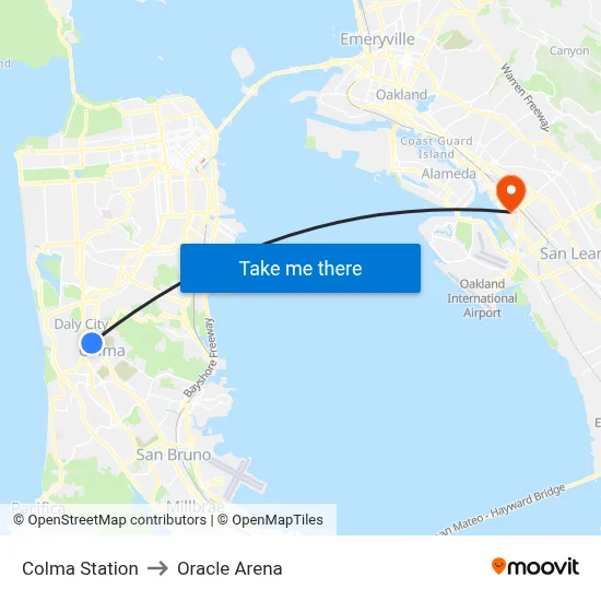 Colma Station to Oracle Arena map