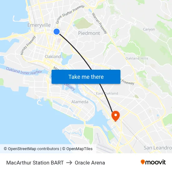 MacArthur Station BART to Oracle Arena map