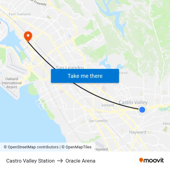 Castro Valley Station to Oracle Arena map