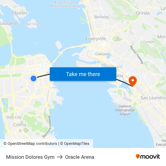 Mission Dolores Gym to Oracle Arena map