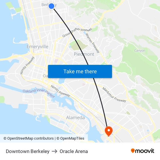 Downtown Berkeley to Oracle Arena map