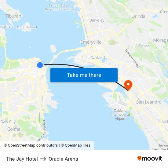 The Jay Hotel to Oracle Arena map