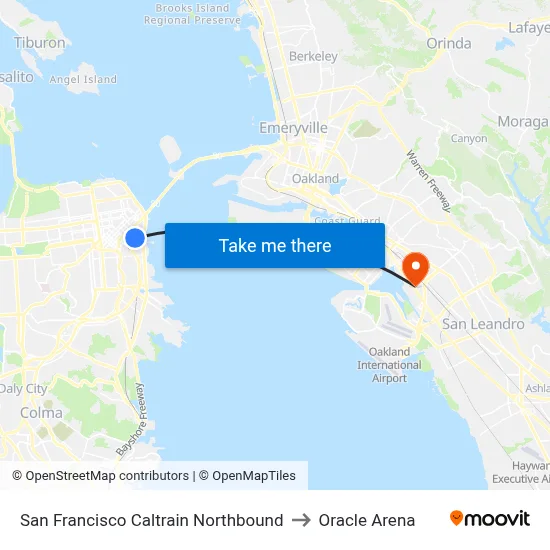 San Francisco Caltrain Northbound to Oracle Arena map
