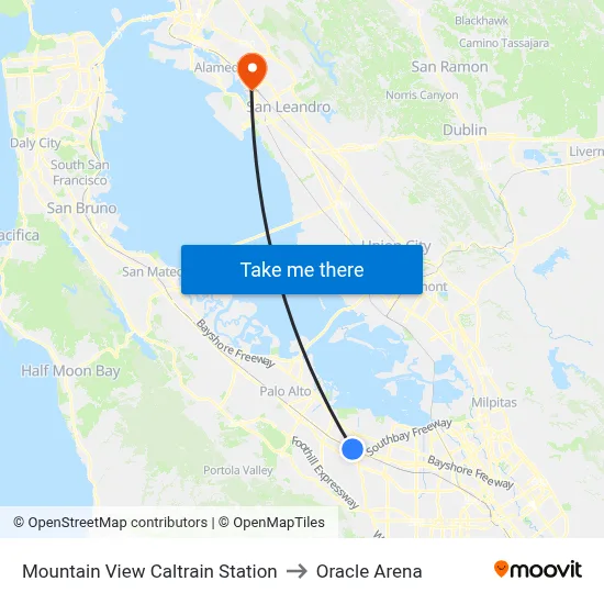 Mountain View Caltrain Station to Oracle Arena map
