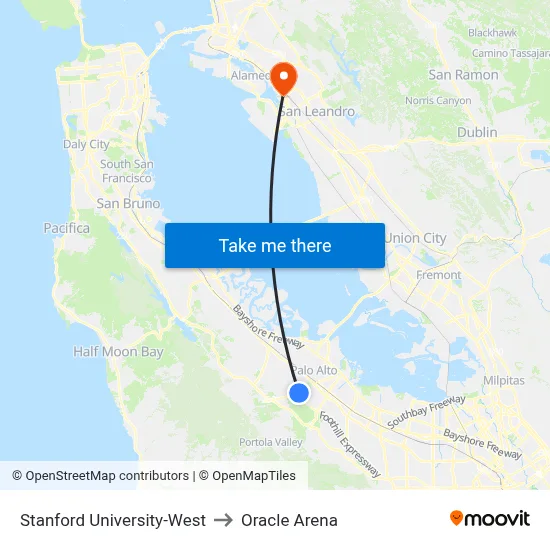 Stanford University-West, 355 Galvez St to Oracle Arena map