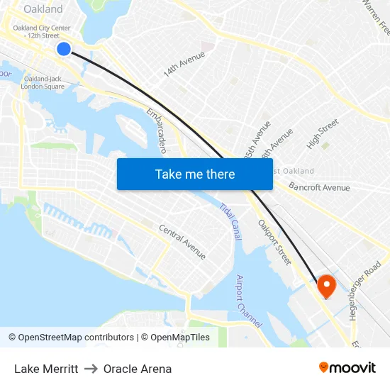 Lake Merritt to Oracle Arena map