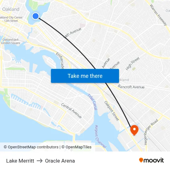 Lake Merritt to Oracle Arena map