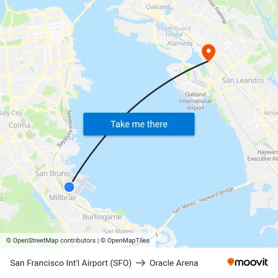 San Francisco Int'l Airport (SFO) to Oracle Arena map