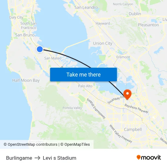 Burlingame to Levi s Stadium map